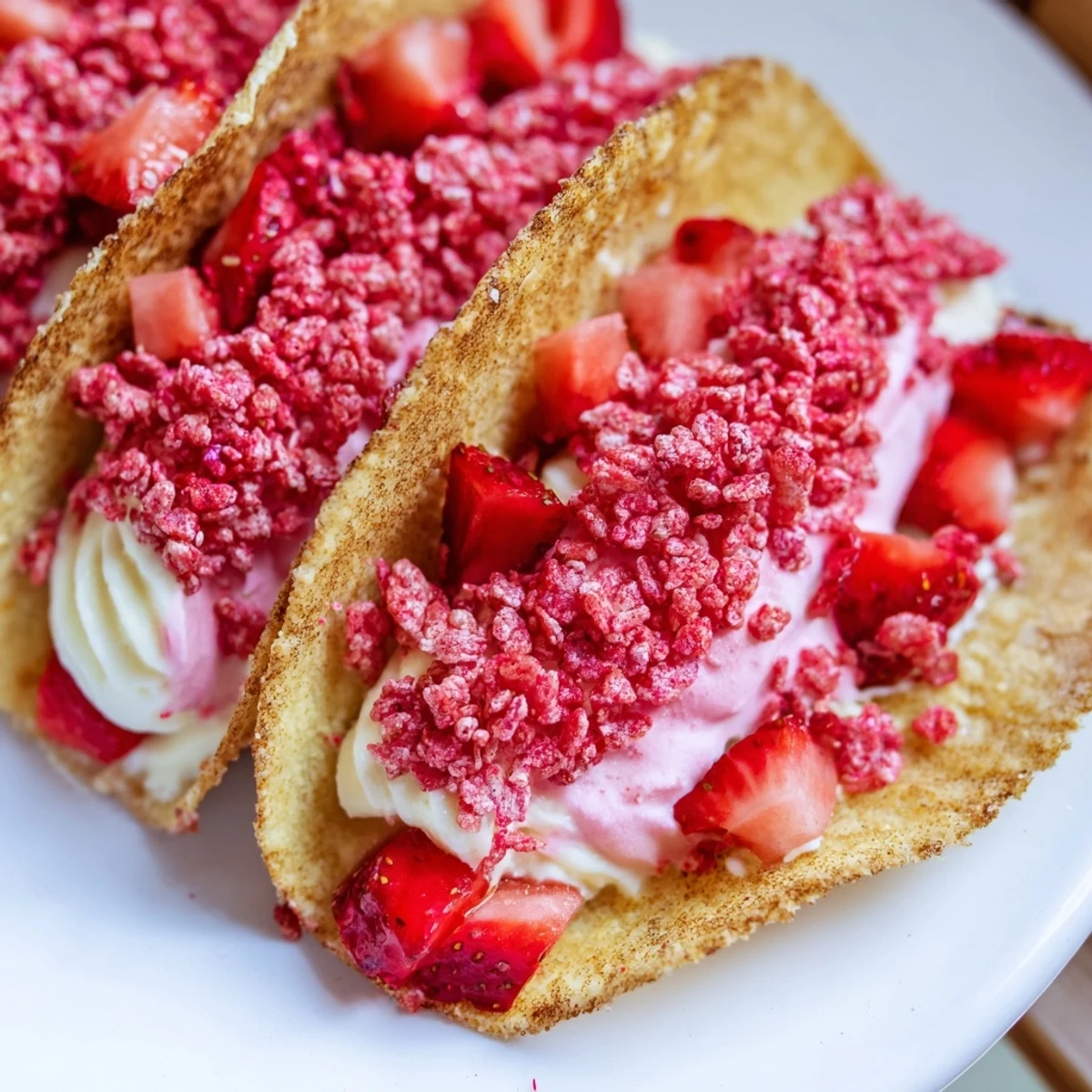 Crispy cinnamon sugar taco shells filled with creamy strawberry crunch cheesecake tacos topped with diced berries