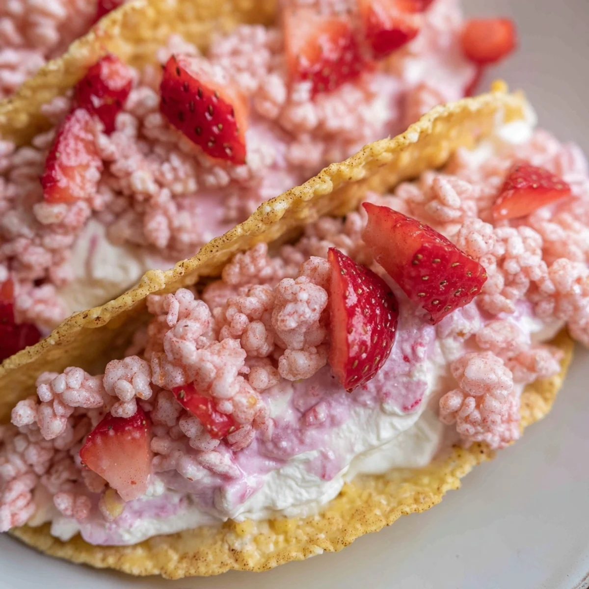 Creamy no-bake strawberry crunch cheesecake tacos garnished with fresh diced strawberries on a rustic serving plate
