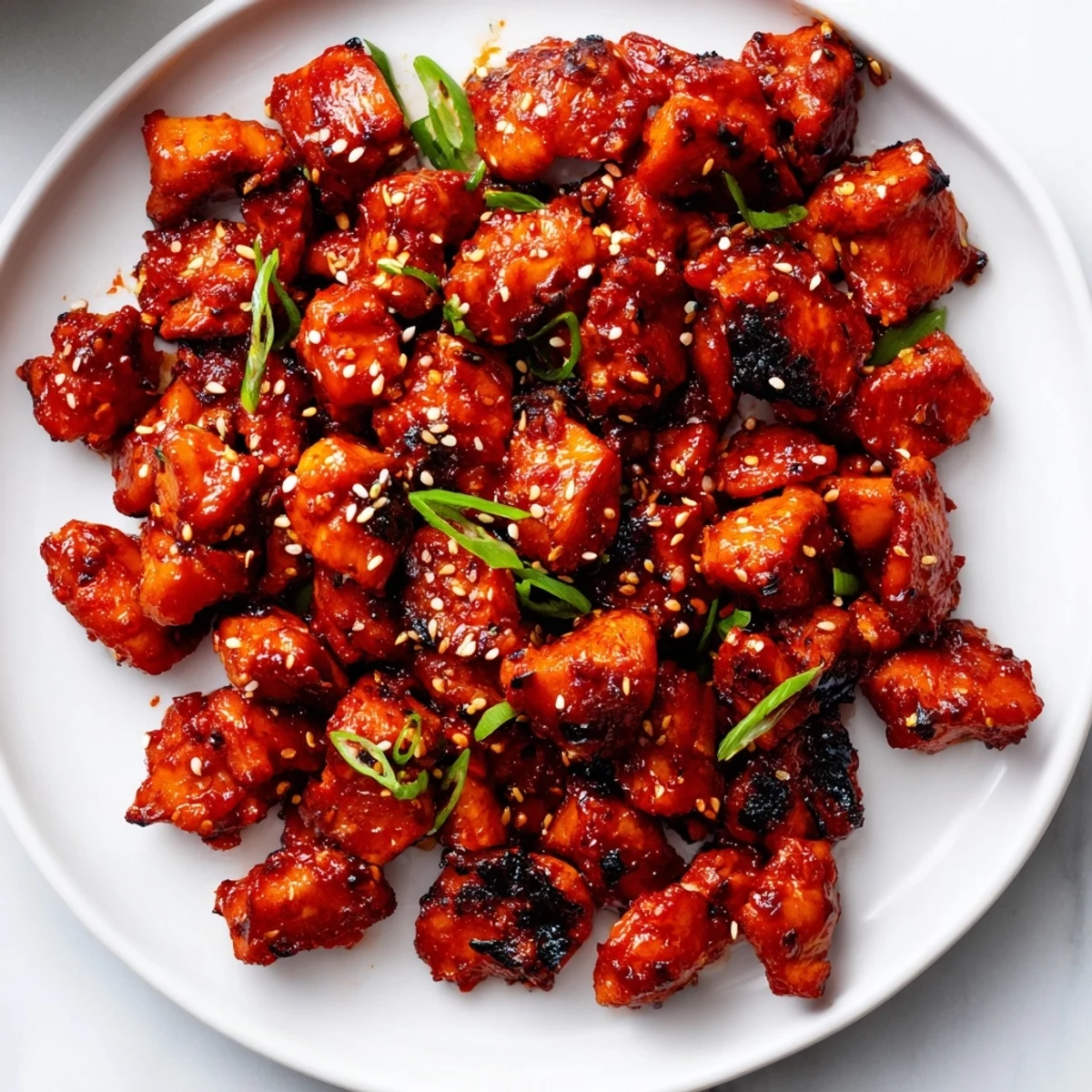 Sizzling gochujang chicken thighs coated in a thick, sticky, caramelized red chili sauce