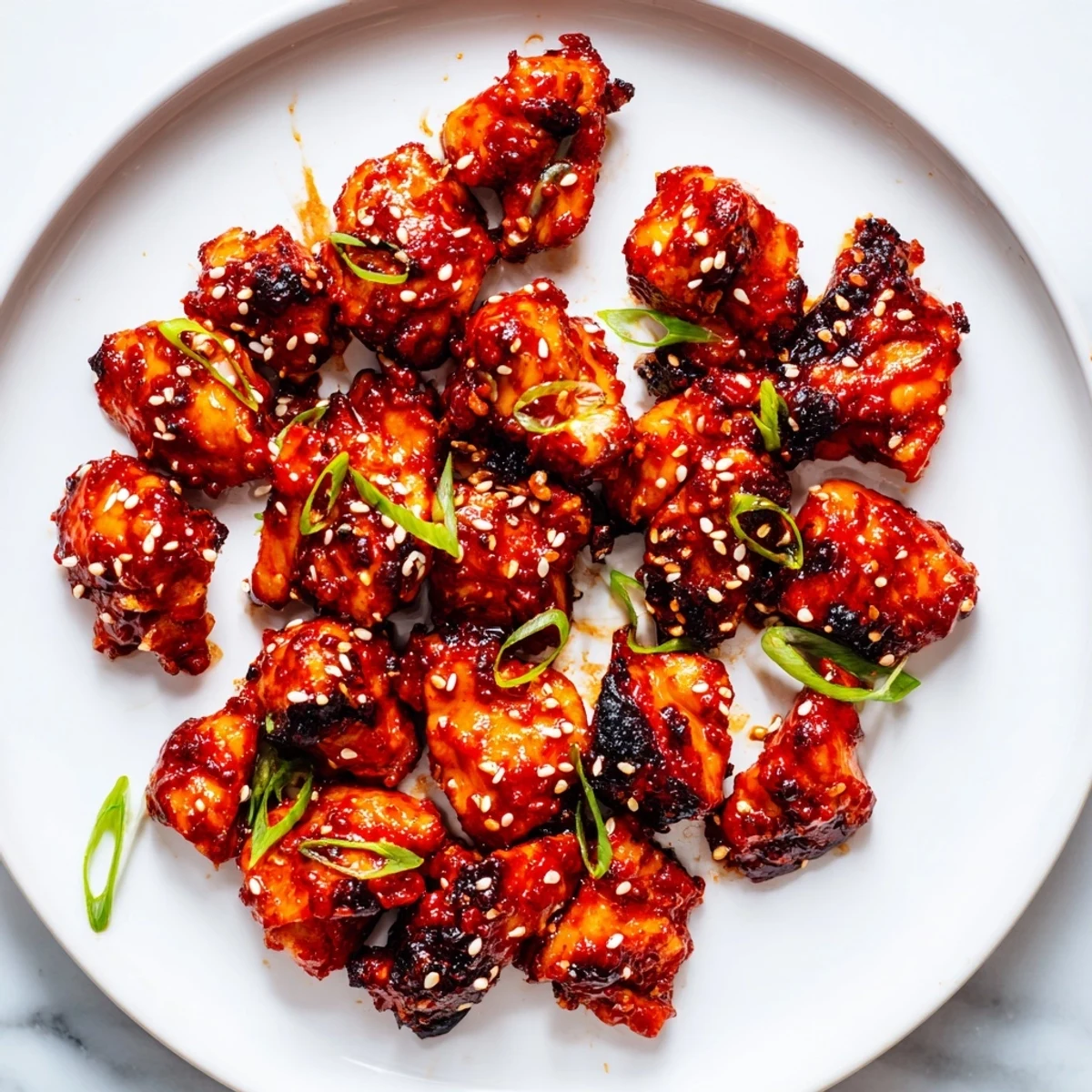 Crispy glazed gochujang chicken pieces garnished with sesame seeds and sliced spring onions