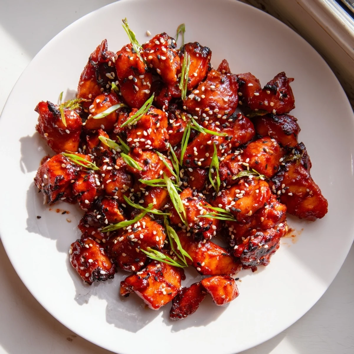 Savory gochujang chicken served over fluffy white rice and sprinkled with toasted sesame seeds