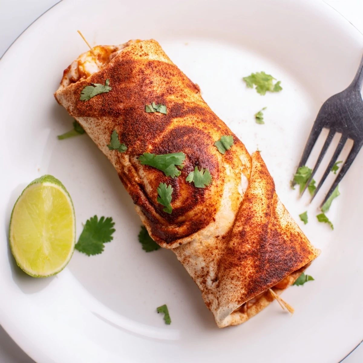 Sliced chicken fajita roll ups on a white plate garnished with fresh cilantro and lime