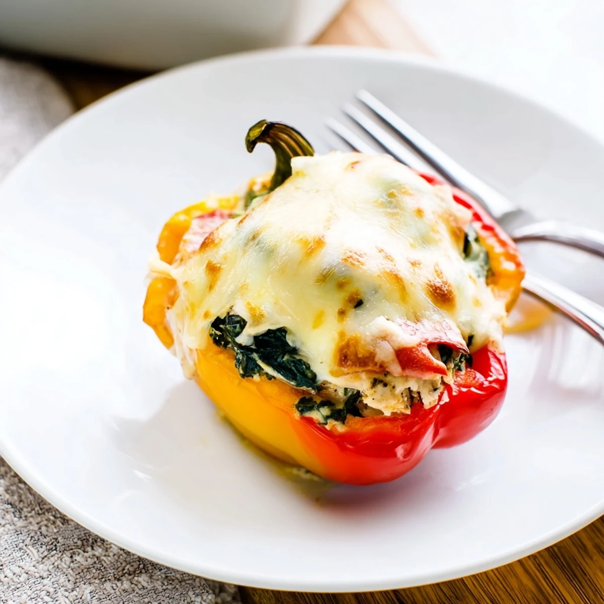 Savory Chicken Florentine Stuffed Peppers served hot on a white baking dish