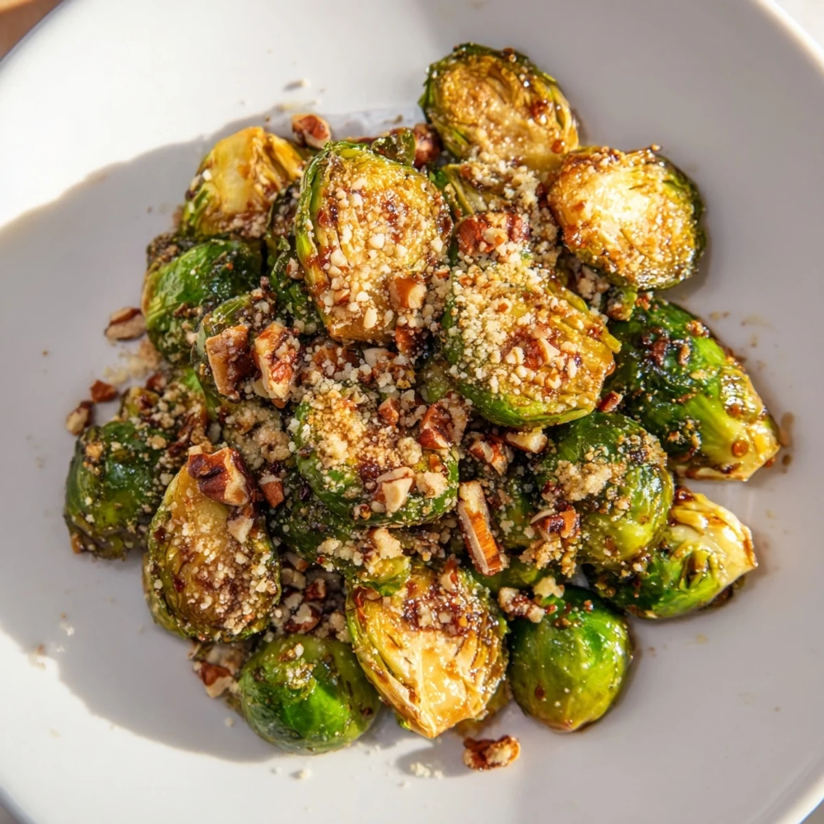 Golden roasted Honey Balsamic Brussels Sprouts drizzled with sticky sweet glaze and toasted pecans