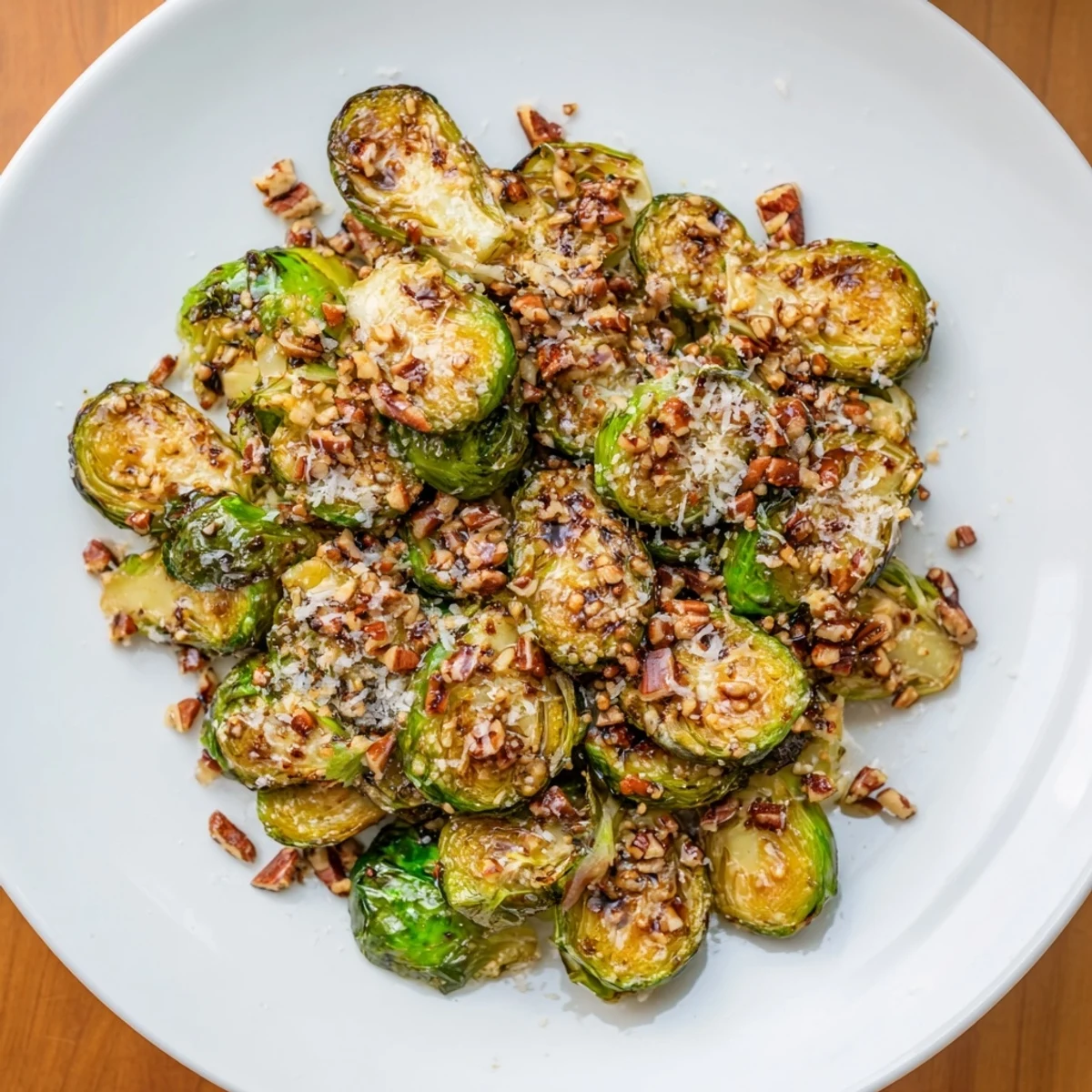 A white bowl filled with crispy Honey Balsamic Brussels Sprouts topped with grated Parmesan cheese