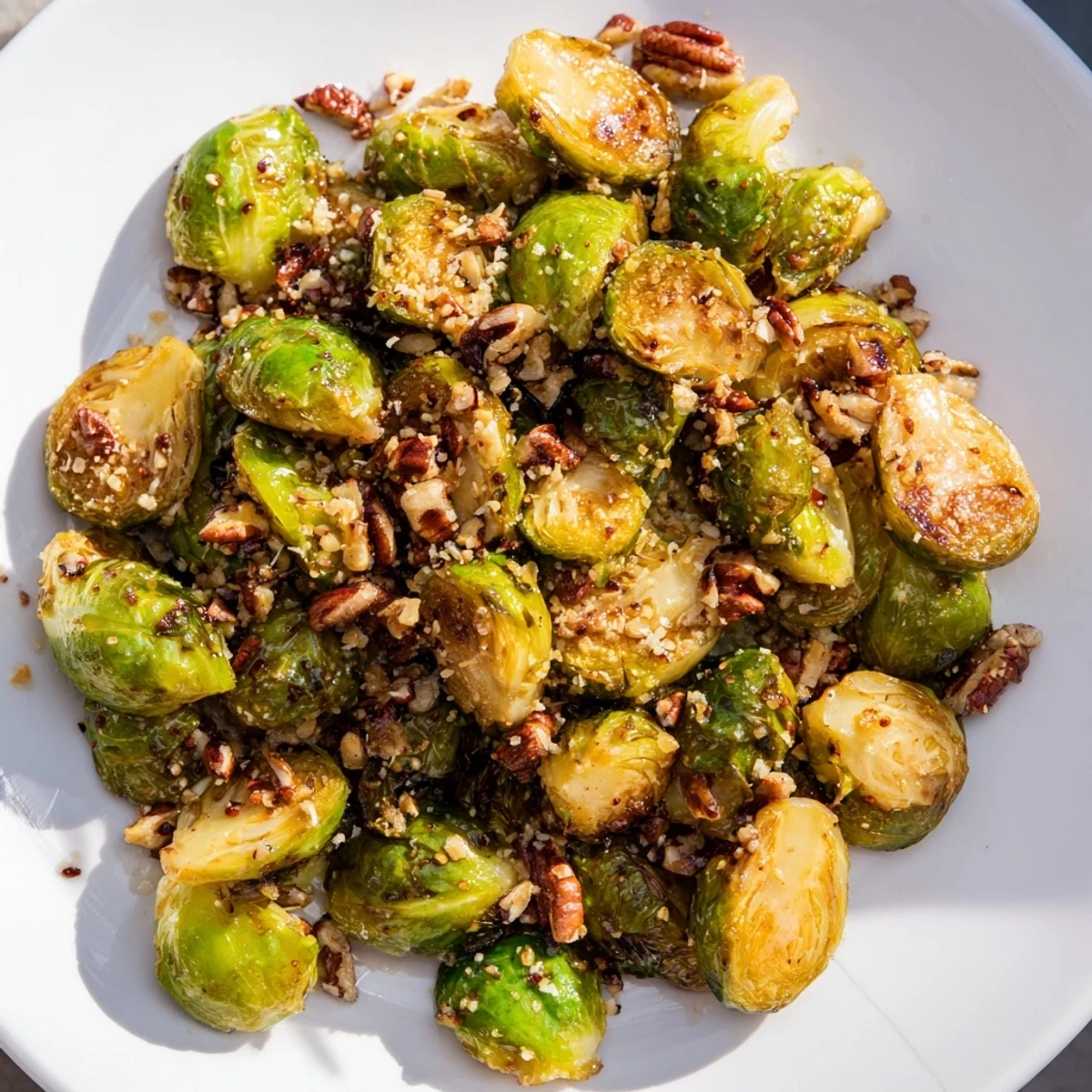 Close-up of caramelized Honey Balsamic Brussels Sprouts arranged on a rustic wooden serving board