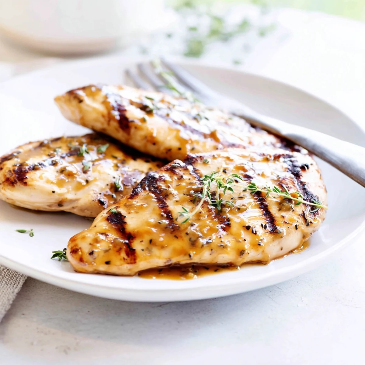 Juicy chicken marinated in sweet maple Dijon glaze, grilled to juicy perfection and served on a white plate.