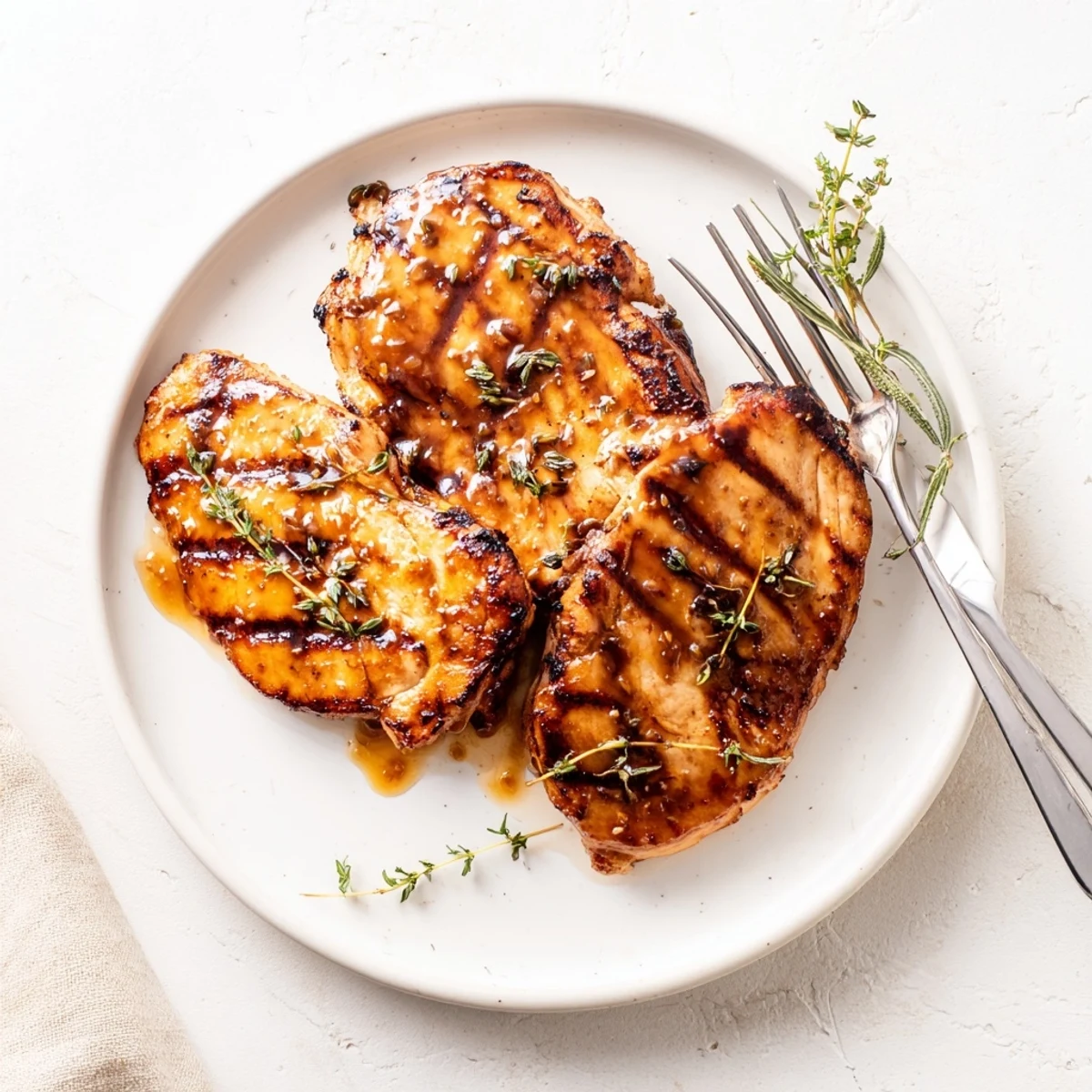 Golden Maple Dijon Grilled Chicken breast featuring shiny caramelized grill marks and garnished with fresh thyme.
