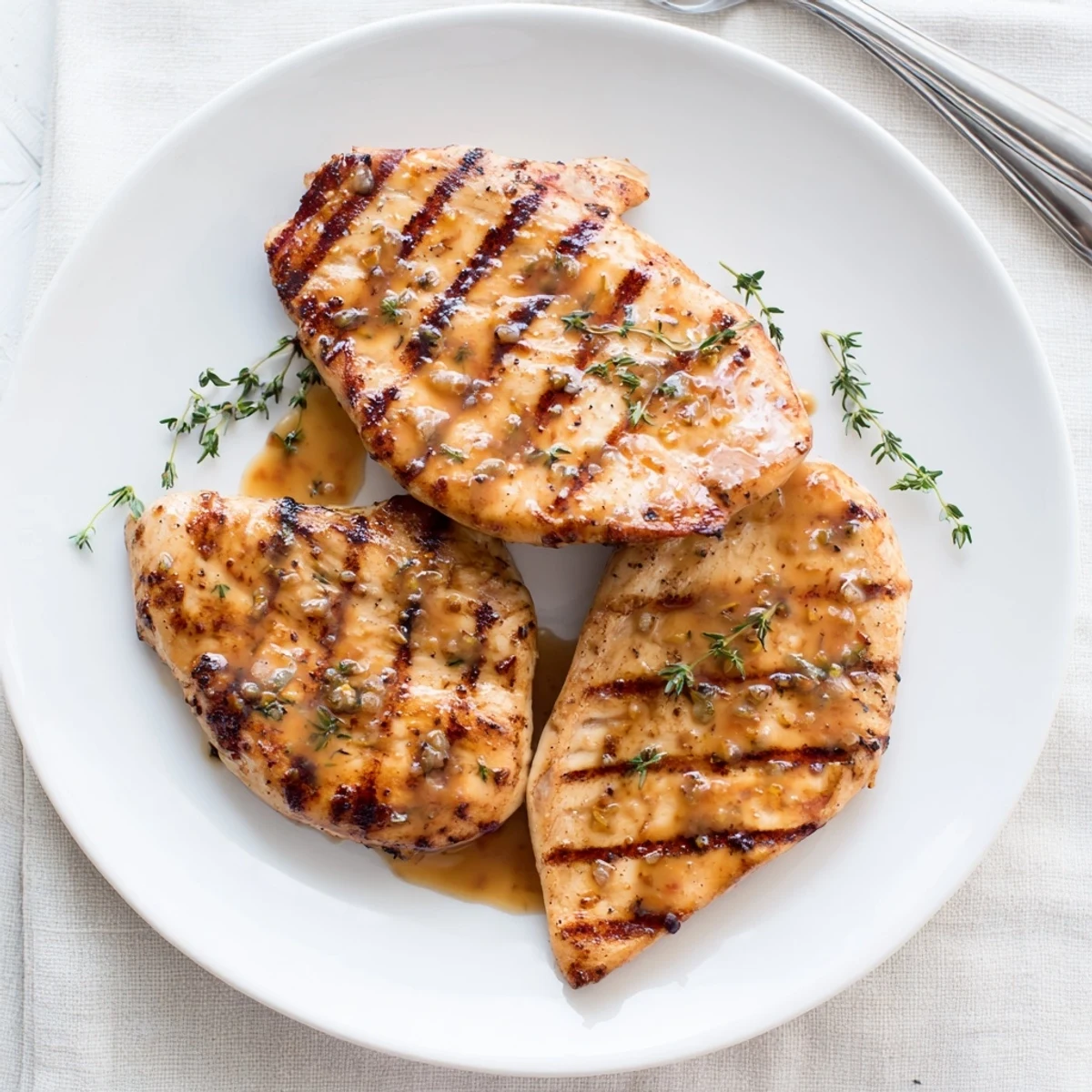Close-up of tender Maple Dijon Grilled Chicken slices brushed with tangy sauce and sprinkled with black pepper.
