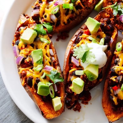 Crisp baked sweet potato skins with cheesy Black Bean filling, served hot with a dollop of sour cream, sliced green onions, and lime wedges.