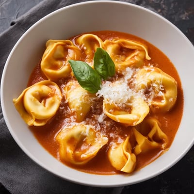 A steaming pot of One Pot Creamy Tomato Tortellini Soup with swirling cream, diced onions, and a wooden ladle nearby.