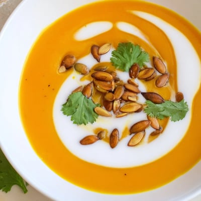 Fresh ginger and warm cumin spices add aromatic flavor to this vegan Roasted Carrot and Ginger Soup garnished with herbs.