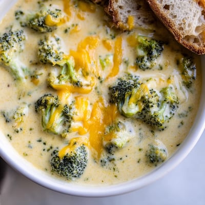 A comforting bowl of Creamy Broccoli Cheddar Soup with Crusty Bread, featuring melted cheddar and warm, toasted bread slices.