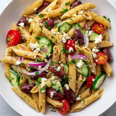 A serving of Mediterranean Pasta Salad with Kalamata Olives, paired with wine for a light summer lunch.