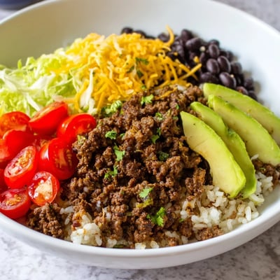 A hearty serving of Beef Burrito Bowl with Rice and Beans, layered with fresh lettuce, cherry tomatoes, and avocado slices, drizzled with sour cream.