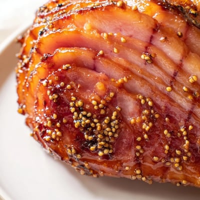 Freshly sliced Brown Sugar Mustard Glazed Ham reveals juicy interior and glistening sweet-tangy glaze on plate.