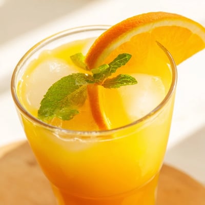 The vibrant Refreshing Coconut Orange Glow beverage is poured over ice in a tall glass, garnished with mint and a lime wedge.