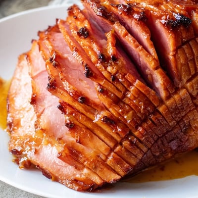 Succulent Baked Ham with Maple Dijon Glaze glistening with sweet and tangy glaze.