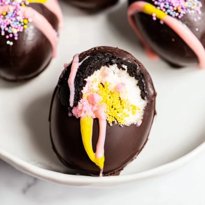 A close-up view shows a half-dipped Easter Egg Oreo Ball with a smooth chocolate shell and creamy filling, ready for a party dessert platter.  