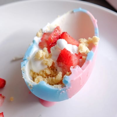 Overhead view of Strawberry Shortcake Easter Egg Bombs on a spring table with whipped cream and scattered strawberry slices.