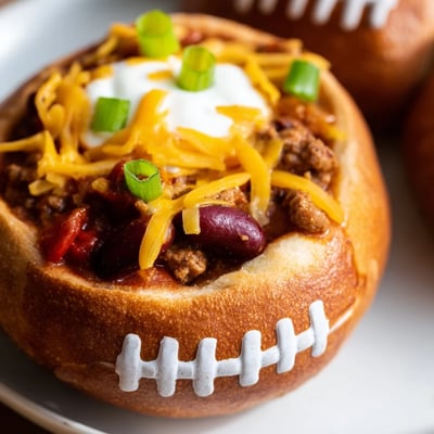 Warming bowl-shaped rolls overflowing with spicy bean and beef chili, baked with bubbly cheddar and festive sour cream football decorations for a party spread.