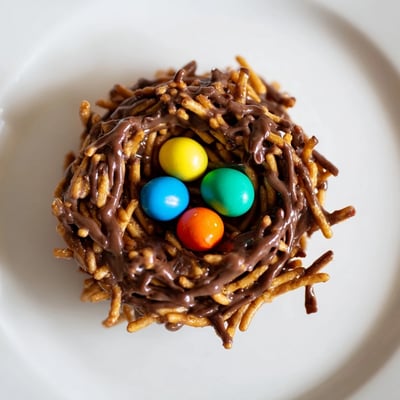 Chocolate-coated Easter Birds Nest Cookies with crunchy chow mein noodles and candy eggs.