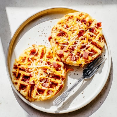 Two warm Ham and Cheese Chaffles are plated beside sour cream and fresh chives for a savory breakfast.