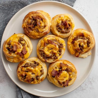 Cheesy Bacon Burger Rollups Puff Pastry Appetizer with flaky crust and melted cheddar on white plate.