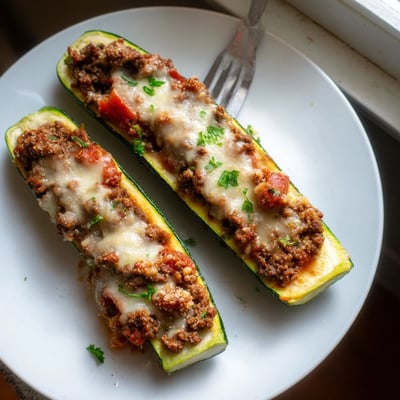 Savory ground beef stuffed zucchini boats topped with bubbly cheese and fresh parsley garnish