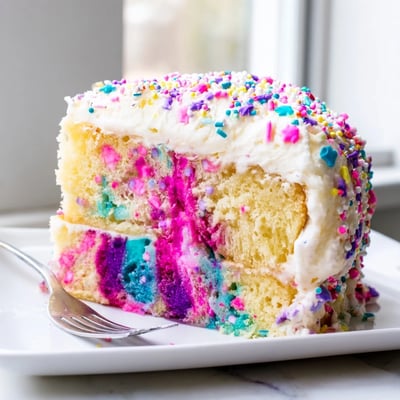 Unicorn Poke Cake topped with colorful sprinkles sits on a white serving plate ready to enjoy