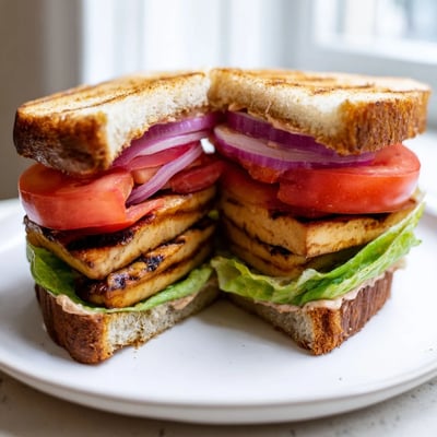 Smoky tofu TLT sandwich served on a rustic wooden board with juicy summer tomato wedges nearby