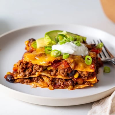 Warm Beef Skillet Enchiladas layered with corn tortillas, black beans, vibrant salsa