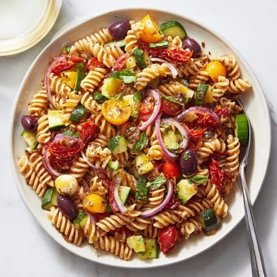 Vegetarian Italian pasta salad drizzled with herb vinaigrette in a rustic serving bowl
