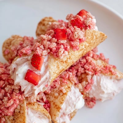 Golden baked tortilla shells overflowing with fluffy cheesecake mousse and bright red strawberry crunch crumble topping