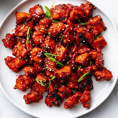 Sizzling gochujang chicken thighs coated in a thick, sticky, caramelized red chili sauce