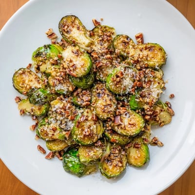 A white bowl filled with crispy Honey Balsamic Brussels Sprouts topped with grated Parmesan cheese